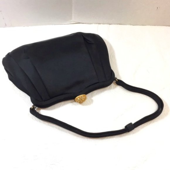 Vtg MM Morris Moskowitz Black Satin Evening Gold Rhinestone Fancy Clasp Purse - Picture 1 of 10